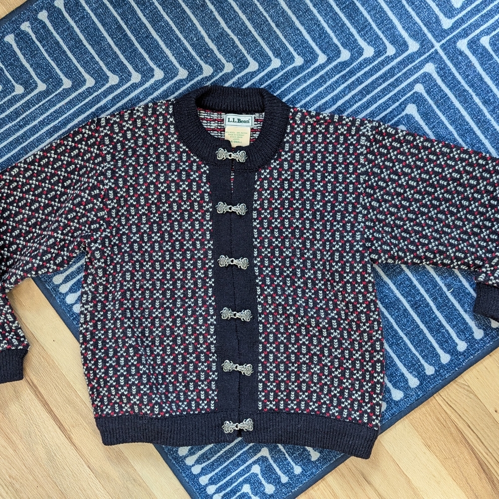 L.L. Bean Navy and Red Patterned Women's Nordic Cardigan Sweater